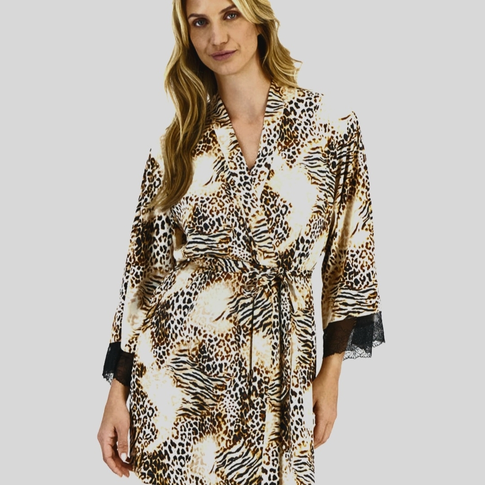 Leopard Print Women's Robe with Lace Trim
